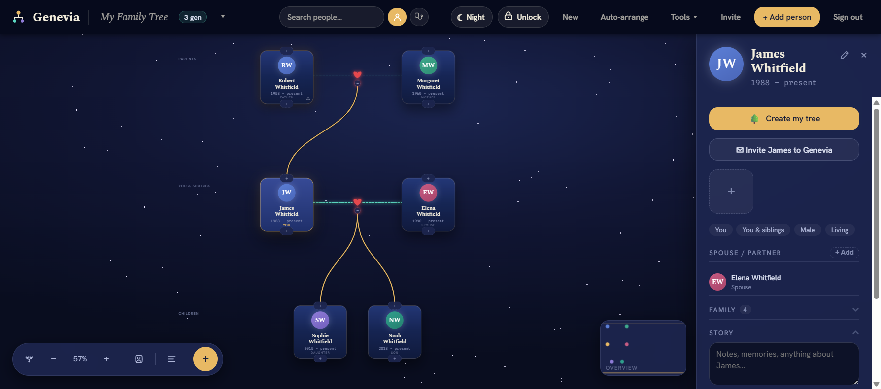 Genevia family tree on desktop — generations of relatives as connected cards on a night-sky canvas